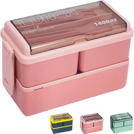 Bote à lunch - Bote Bento 1400 ml - Pour adultes et enfants - Bote à lunch avec compartiments et couverts - Plastique - Convient au micro-ondes - Anti-fuite - Rose