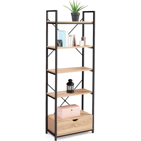 Idmarket – Etagère 5 niveaux avec tiroir – Bois et métal noir – Hauteur 170 cm – Largeur 30 cm – Longueur 60 cm – Style industriel