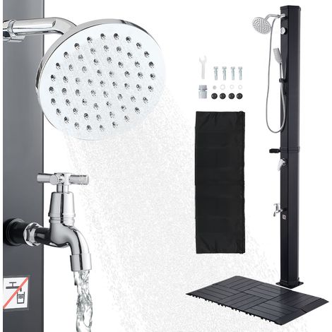 Douche solaire extérieure 40L, hauteur de pommeau 205cm, avec kit au sol, douchette à main et robinet de pied, réglage eau chaude/froide, autoportante pour jardin, bord de piscine, plage, noire (1/5)