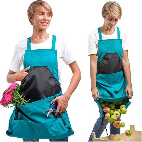 Tablier de récolte (bleu), sac en toile pour la cueillette des fruits - Tablier de récolte ajustable et de grande capacité avec ouverture inférieure et doubles clips pour les jardiniers (1/5)