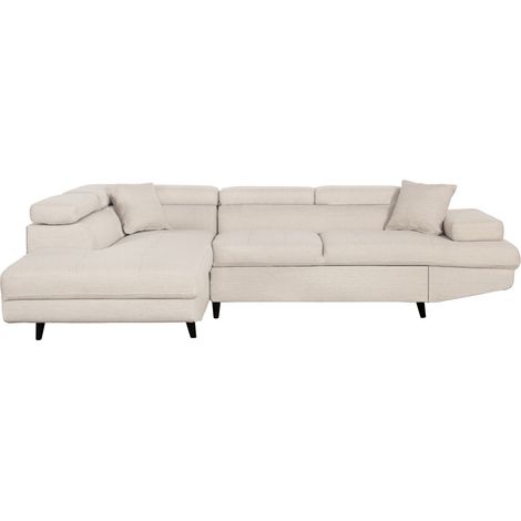 Loungitude – Canapé d'angle convertible RIO Scandinave avec coffre en tissu – 5 places – Dimensions 271x192 cm – Beige, pieds noirs (1/7)