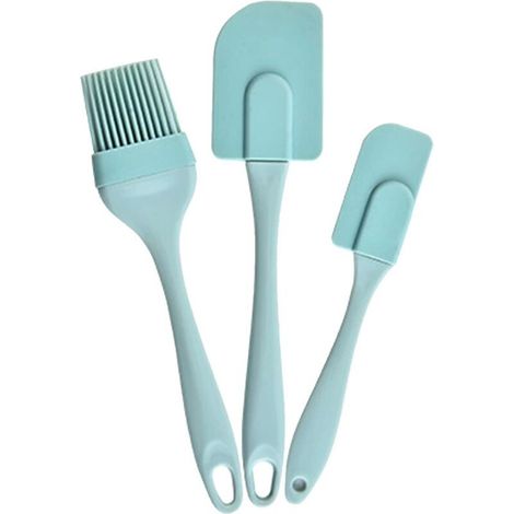 Ensemble de 3 ustensiles en silicone bleu ciel comprenant une spatule de cuisine, des pinceaux à pâtisserie et une spatule en silicone résistante à la chaleur. (1/5)