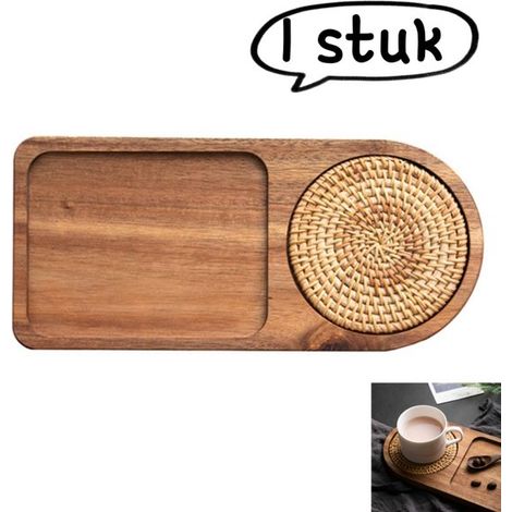 Plateau en bois d'acacia (1 pièce) - Plateau à café et desserts pour hôtel - Plateau à thé - Plateau pour tasse à eau - Avec dessous de verre - Bois de noyer (1/5)