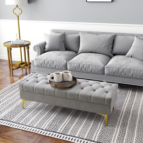 CHICFURN Banco tapizado 118x45x42 cm de terciopelo gris claro con patas doradas (1/5)
