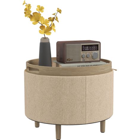 Pouf rond repose-pieds tabouret avec coffre de rangement, plateau réversible, meuble 3 en 1 pied en bois beige