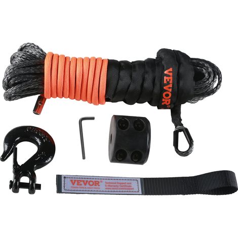 Corde de Treuil 6,4 mm x 15,2 m Câble Synthétique Résistance Rupture 44,5 kN avec Manchon de Protection, Bouchon, Crochet de Treuil Forgé, Sangle Traction pour VTT, UTV, Petit Véhicule, Pickup (1/5)