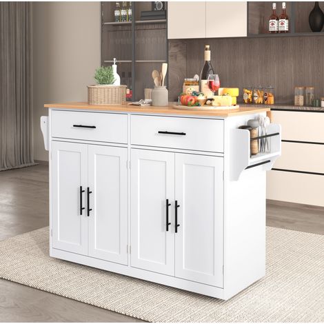 Carrello da cucina 120x46x91.5 cm bianco e naturale in MDF con piano pieghevole, ruote e piedi intercambiabili (1/5)