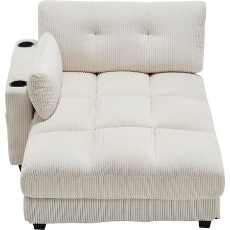 Fauteuil palmier moelleux à rayures, accoudoirs rembourrés, appui-tête rabattable, porte-gobelets et poche latérale – Beige pour salon et chambre (1/4)