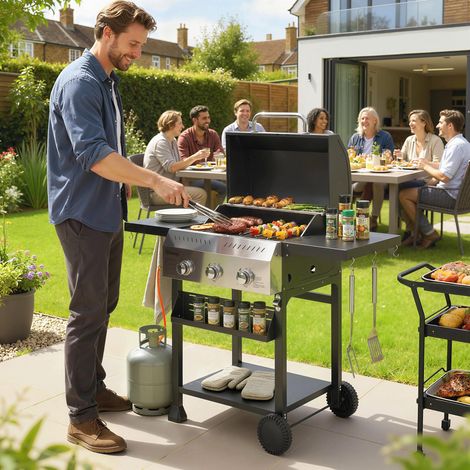 Grill gaz 9KW 3 brûleurs acier inoxydable table latérale pliante porte-épices étagère 6 crochets