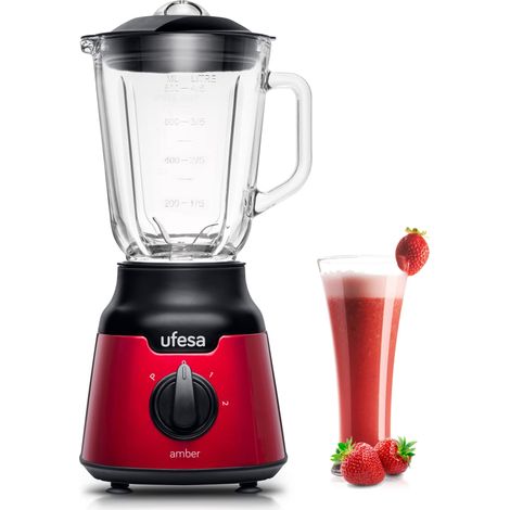 Blender Mixeur, 900W, 0.8L, 2 Vitesses + Pulse, 4 Lames en Acier Inoxydable, Bocal en Verre, Fermeture Hermétique, Glace Pilée, Sans BPA, Inox Rouge (1/4)
