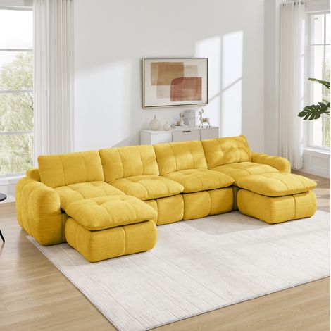 Modulares U-Sofa 334/160/68 cm in Gelb aus Chenille mit 2 Hockern, rahmenlos (1/5)
