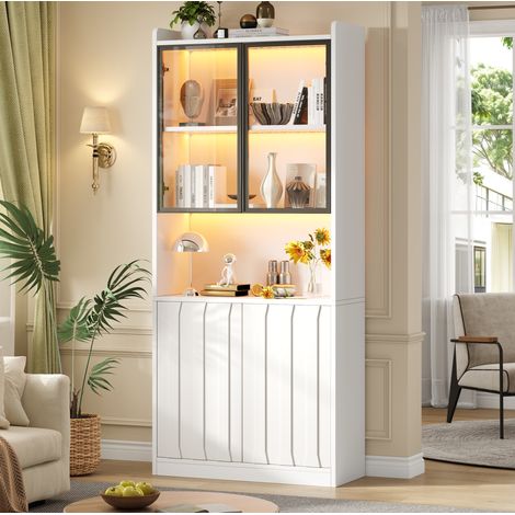 Vitrine haute LED 80 x 35 x 200 cm, portes vitrées et étagères réglables, blanche OKMYHOME (1/5)