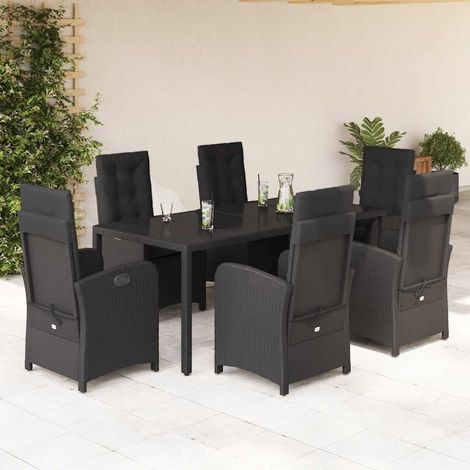 Ensemble repas de jardin 7 pièces en résine tressée noir avec 6 fauteuils inclinables, 87.6kg - PANGIVO (1/5)