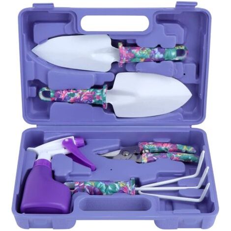 5 Pièces Outils de Jardinage avec Boîte de Rangement avec Transplantoirs Ciseaux Herse Anti-Rouille Pulvérisateur(Violet) (1/5)