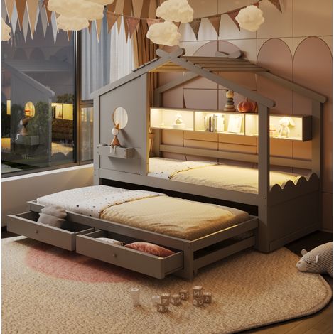 Letto per bambini in legno massello grigio 90x200 cm con letto estraibile 90x190 cm, LED, USB/Type-C e vano contenitore. (1/5)