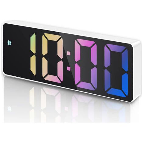 Longziming – Réveil lumineux numérique avec fonction snooze – Écran LED 6,3 pouces – Affichage température et date – Alimentation USB ou 3 piles AAA – Boîtier blanc chiffres colorés (1/5)