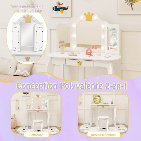 Coiffeuse enfant blanche en bois avec miroir triple amovible, éclairage LED 3 couleurs et tabouret pour chambre (1/5)