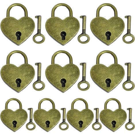10x Herz Vorhängeschloss Mini mit Schlüssel, Vintage Metall, für Tagebuch & Schmuckkästchen