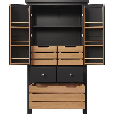 Buffet de cuisine noir et blanc 80x40x140 cm avec 2 portes et 5 tiroirs (1/5)