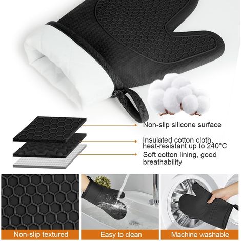 Paar schwarze Küchenhandschuhe, hitzebeständige Silikonhandschuhe bis 230 °C, rutschfeste Ofenhandschuhe, Küchenhandschuhe, Mikrowellenhandschuhe, Grillhandschuhe, Backhandschuhe, Kochhandschuhe, 2 is