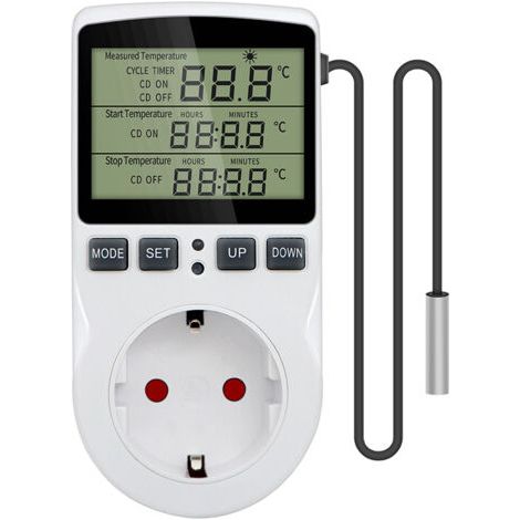 Prise Thermostat Regulateur de Température Numérique Chauffage Refroidissement avec Sonde, LCD Prise Contrôleur de Température Minuteur pour Aquarium Incubateur Serre (1/5)