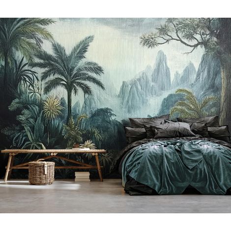 Vlies Fototapete Landchaft 150x105 cm, Tapeten, für Wohn und Schlafzimmer, Vliestapete Wandtapete Tapete 3D Effekt- inkl. Kleister - Dschungel See Grün tropisch, WallArena (1/4)