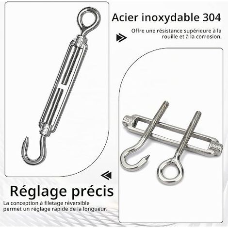 Stainless Steel Cable Tensioner 90 mm, Cable Tensioner with Hook and Eye, Adjustable Tensioner for Tarpaulin, Blind, Pergola and Laundry Line (1/4)