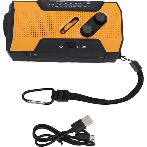 Radio météo d'urgence, batterie 2000mAh, USB, solaire, charge à manivelle, AM FM WB, chargeur de téléphone avec lampe de poche SOS (1/5)