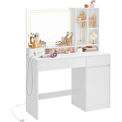 Toeletta con specchio e luce tavolo da trucco larghezza di 90 cm cassetto ripiani regolabili presa di corrente porta gioielli per camera da letto bianco 120005159