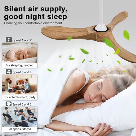 Ventilateur de plafond 42 pouces avec 3 pales en bois, design hélice, mémoire, télécommande, finition bois naturel, moderne intérieur/extérieur pour terrasse, salon et chambre. (1/5)