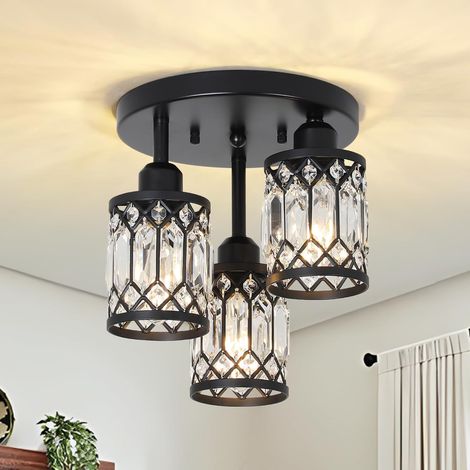 Lampe de Plafond Moderne en Cristal, Lampe de Salon à 3 Flammes en Cristal pour Salon, Lampe de Plafond Noire avec Abat-jours en Verre, Lustre Moderne pour Salon, Chambre, Salle de Bains (1/5)