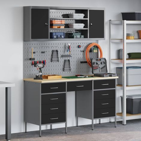 Werkbank mit Schubladen 8 pcs Schwarz Ingenieure Holz und Stahl (1/5)