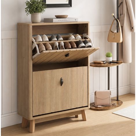Scarpiera con ante doppie, ripiani regolabili e rimovibili, per 12 16 paia, MDF e truciolare, color rovere (1/5)