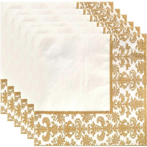 100 serviettes en papier jetables imprimées or (dorées et blanches) (1/5)