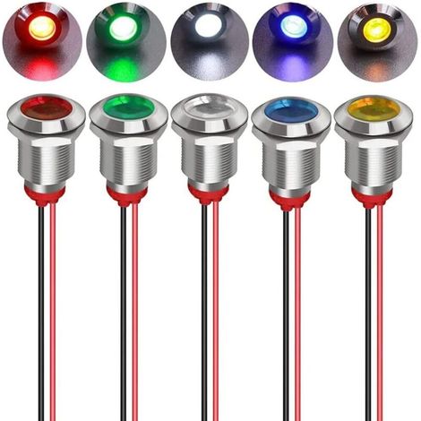 LED da 12 mm 12/24 V CC, indicatore metallico - Luce di segnalazione impermeabile, spia direzionale per cruscotto con cavo