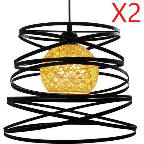 2Pcs Suspension Luminaire Fer Abat-jour Forme de Ressort 30cm Plafonnier Lustre E27 40W Noir (1/5)