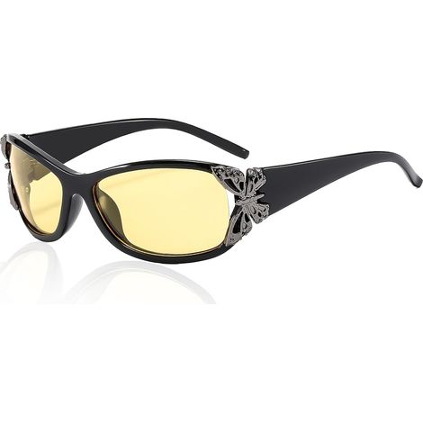 Lunettes de conduite de nuit pour femmes, lunettes de vision nocturne polarisées, lunettes de sécurité de conduite anti-éblouissement, verres jaunes haute définition, décoration papillon, Noir (1/5)