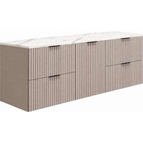 Meuble sous-vasque suspendu 160 cm, 4 tiroirs, 1 porte, fermeture douce, panier à linge, Cachemire / Plan marbre, poignées noires, 160 x 46 x 57 cm (1/5)