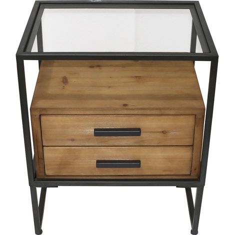 Mobiletto da camera da letto in legno e metallo, con 2 cassetti, piano in vetro, 50 x 40 x h 61 cm