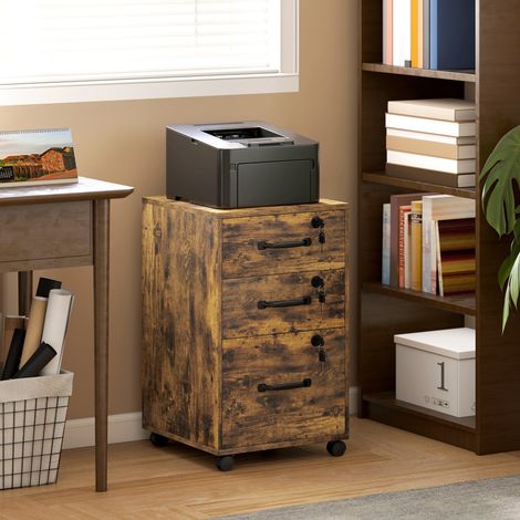 Caisson de Bureau Mobile avec 3 Tiroirs Verrouillables, Caisson de Rangement sur Roulettes, 40 x 40 x 69,5 cm, Marron (1/5)
