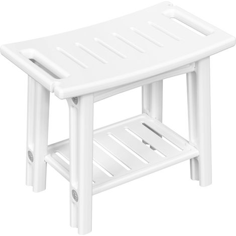 Tabouret de douche à double étagère, banc de salle de bain avec rangement, design à lames pour salle de bain (Blanc,dimensions 56×32×46cm) (1/5)