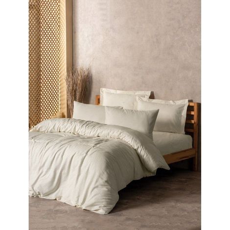 Juego de cama - 1 funda nórdica 140 x 200cm + 1 funda de almohada 60 x 60 cm - 100% algodón reforzado - Impresión de cuadros Crema