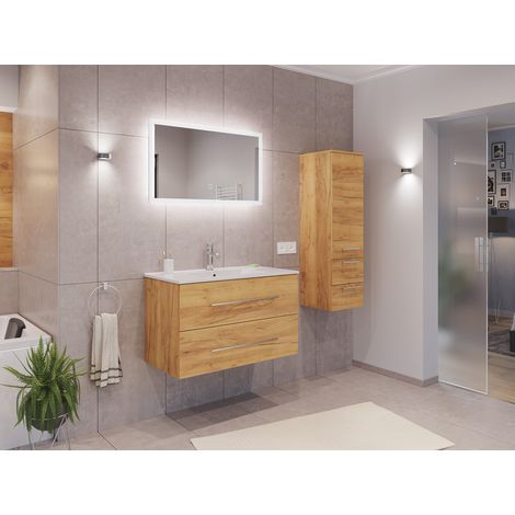 Badmöbel Set Firenze 90 3tlg. LED Spiegel und Seitenschrank eiche gold