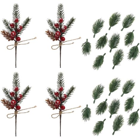 Lot de 20 Branches de Noël artificielles avec 4 Baies Rouges, Branches de Sapin artificielles, Branches d'épinette, pour décoration de Noël, guirlandes et boîtes Cadeaux (1/5)