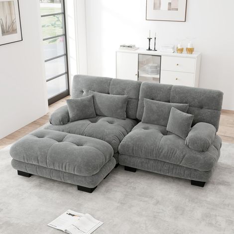 Canapé d’angle  en chenille, 2 places avec ottoman, coussins décoratifs et lombaires, gris (1/5)