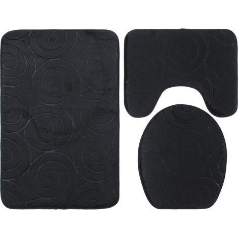 Lot de 3 tapis de salle de bain noirs, couvercle de toilettes en relief pierre, carpettes absorbantes antidérapantes pour côté baignoire. (1/5)