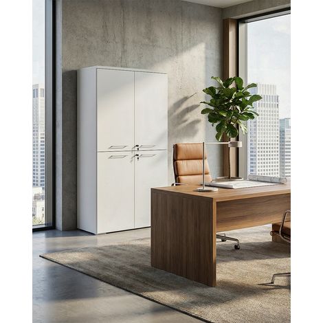 Armadio ufficio Oregon - Mobile archivio 4 ante con serratura - 3 mensole incluse - L. 90 x H. 160 x P. 42,5 cm – Bianco (1/3)