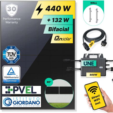 ROBINSUN®️ Kit Solar Enchufable Performance Wall-90 440Wp, 1 panel QN 440Wp + 1 Microinversor 800W con Wifi incluído + Cable 3m + 1 Fijación 90º