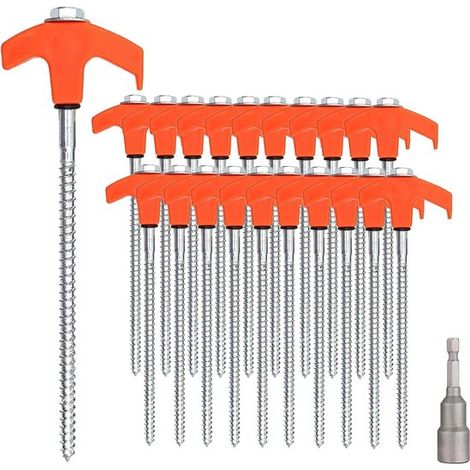 20 piquets à vis robustes en acier - Solides pour le camping et les activités de plein air - Résistants aux intempéries - Pour sols durs, forêts, prairies et pelouses (1/5)