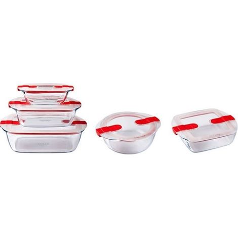 5er Set Aufbewahrungsboxen - PYREX - Cook & Heat - Glas - Spezialmikrowellen-Dampfabdeckung